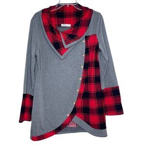 Dressfo Women's Asymmetrical Gray & Red Plaid Long Sleeve Tunic Button Detail 12